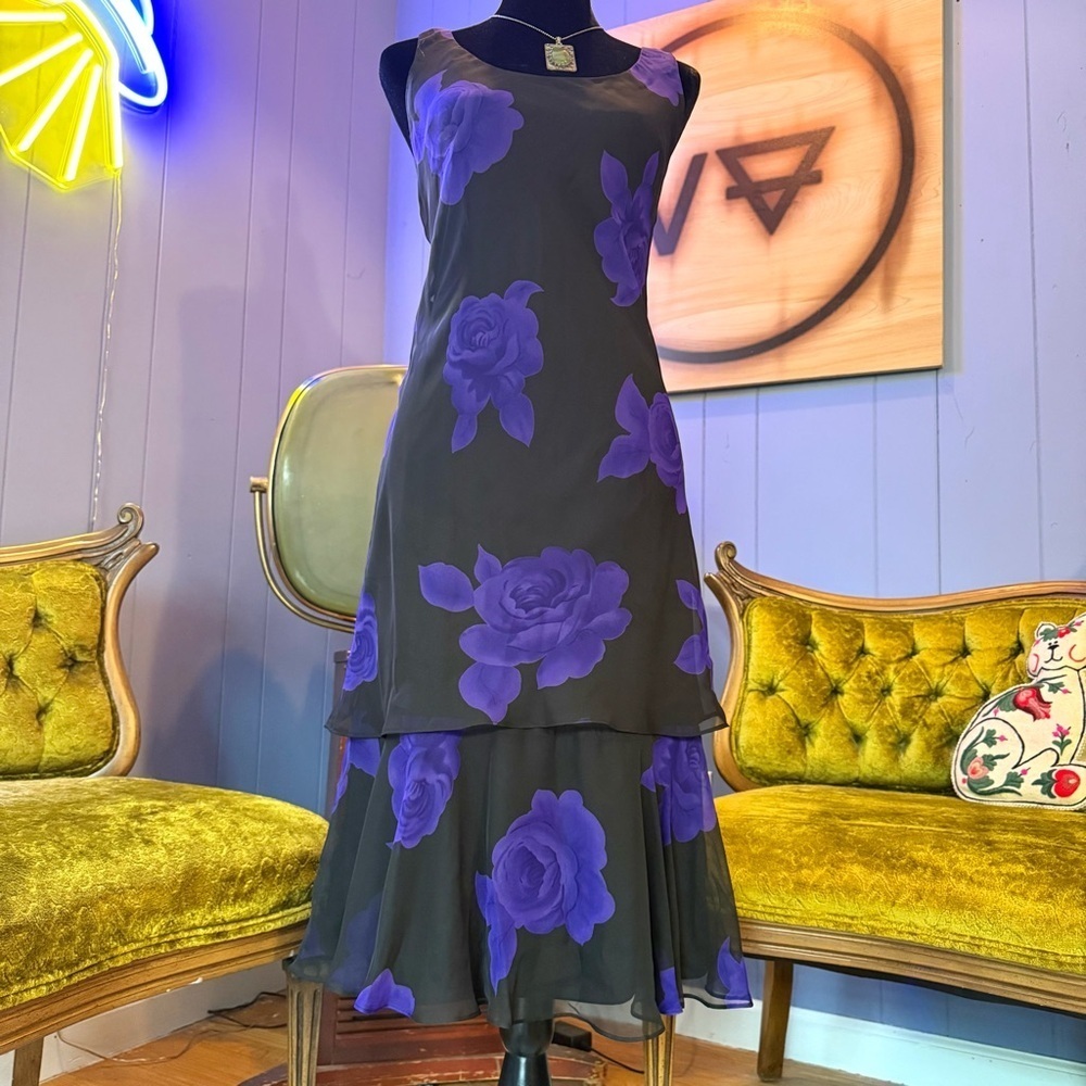 Vintage 90s MSK Black & Purple Tiered Floral Dress Size 6 - Picture 3 of 8